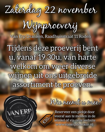 Wijnproeverij zaterdag 22 november 2025 